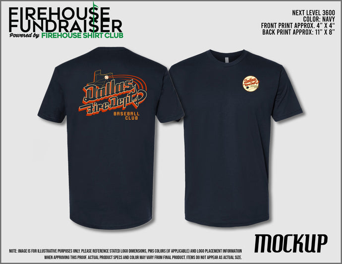 Black t-shirt with Dallas Fire-Eagles logo on front and back, branded as Firehouse Fundraiser.